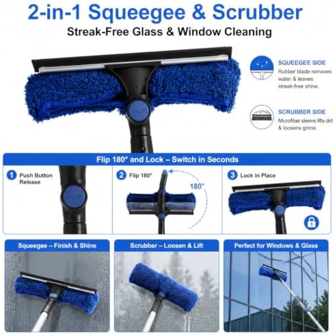Solar Panel Cleaning Brush Kit with 5-24FT Telescopic Pole Water Fed Brush Window Gutter Cleaning Tool 20'' Wide Brush,Soap Dispenser, Squeegee & Cobweb Duster for Roof RV Deck Snow Removal