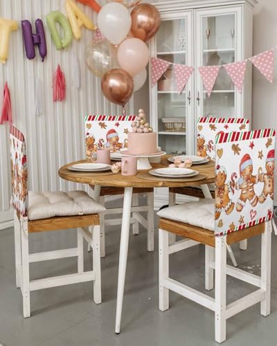 Christmas Gingerbread Man Chair Back Covers Set of 4 Xmas Stars Candy Sugar Watercolor Vintage Washable Removable Chair Cover Slipcover Protector for Dining Room Hotel Party Holiday Decor