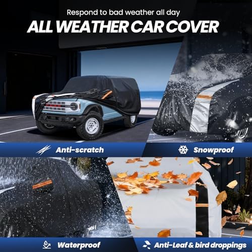 Multi-Layer Car Cover Custom Fit for Ford Bronco 4 Door(2020-2026, No Fit Sport/2 Door), 100% Waterproof All Weather for Automobiles, Heavy Duty Car Covers for Rain Sun UV Protection with Door Zipper