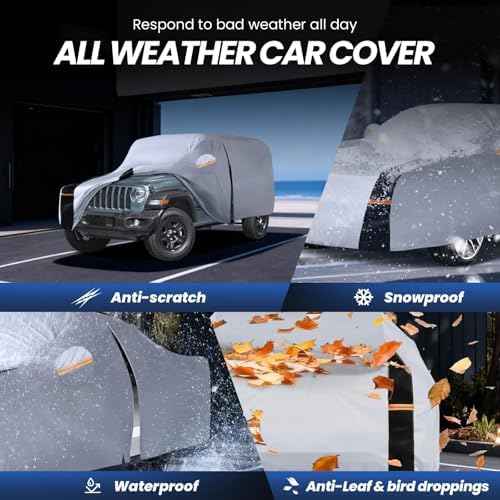 Multi-Layer Car Cover Custom Fit for Jeep wrangler 4 Dr/Unlimited 4 Dr JK JL(1987-2026), 100% Waterproof All Weather for Automobiles, Gift with Towel, Heavy Duty Car Covers for Rain Sun UV Protection.
