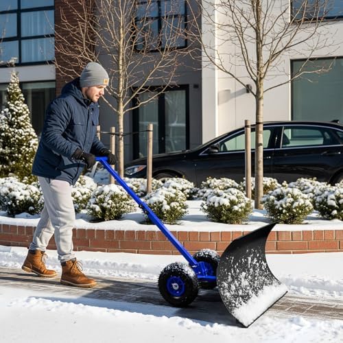 VINGLI Snow Pusher Shovel with Wheels, 29" Adjustable Ergonomic T-Handle Snow Plow for Driveway, Heavy Duty Wheeled Rolling Shovels for Snow Removal, Angle Adjustable (Black & Blue)