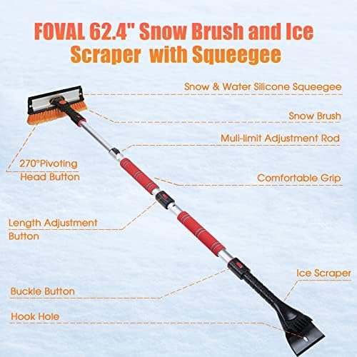 FOVAL 62.4" Extendable Ice Scraper Snow Brush with Squeegee for Windshield Window Car Trucks SUVs, 270° Pivoting Brush Head, Essential Winter Tool Ice Snow Remover with Comfortable Foam Grip