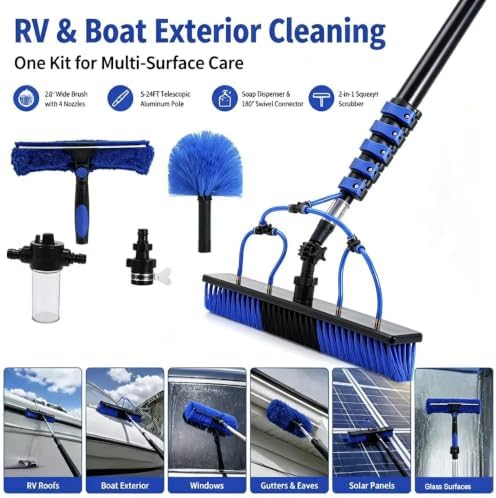 Solar Panel Cleaning Brush Kit with 5-24FT Telescopic Pole Water Fed Brush Window Gutter Cleaning Tool 20'' Wide Brush,Soap Dispenser, Squeegee & Cobweb Duster for Roof RV Deck Snow Removal