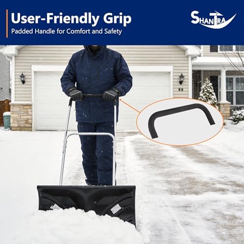 SHANTRA Snow Shovel with Wheels for Driveway, Heavy-Duty Snow Shovel Pusher with 26" x 13" Large Blade for Efficient Snow Removal, Adjustable Handle, U-Shaped Handle, Back Saver Snow Plow for Doorway