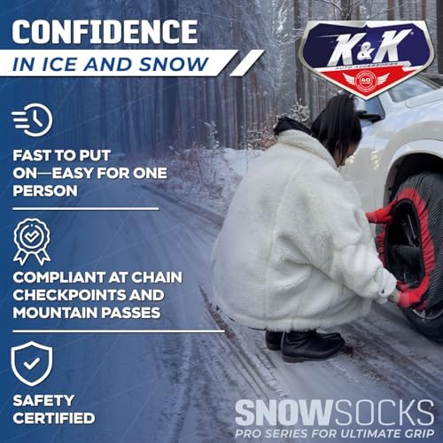 K&K Auto Snow Socks for Tires – Pro Series for Ultimate Grip Approved Snow Chain Alternative Traction Device – Tire Sock for Car Sedan Coupe – Winter Travel Accessory Emergency Kit – Medium (2pcs)