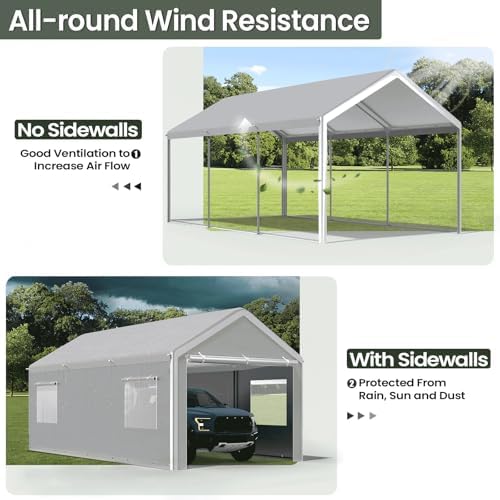 Reinforced 10x20 Carport, Wind-Resistant Canopy with Sidewalls & Doors