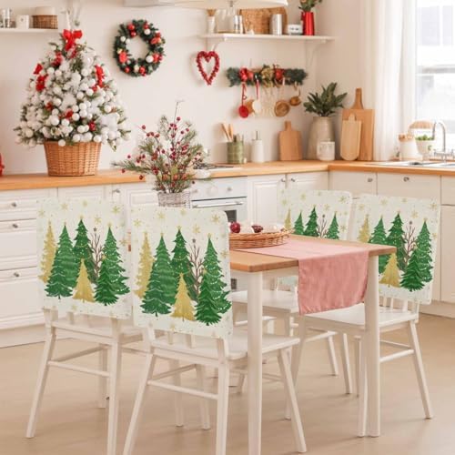 Christmas Tree Chair Back Covers Set of 6 Winter Snowflakes Green Gold Tree Star Linen Texture Washable Removable Chair Cover Slipcover Protector for Dining Room Hotel Party Holiday Decor