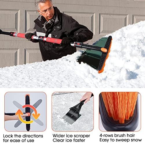 62.4" Snow Brush - Ice Scrapers for Car Windshield, 360°Pivoting Brush Head, Comfortable Foam Grip, Extendable Snow Removal Car Brush for Trucks SUVs, Essential Winter Tool