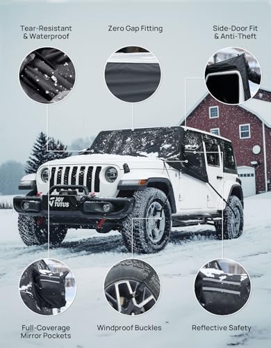JOYTUTUS Windshield Cover for Ice and Snow, Compatible with Wrangler JK JL 2007-2026 & Gladiator JT 2020-2026, Waterproof Windshield Snow Cover with Side Mirror Covers and Anti-Theft Design