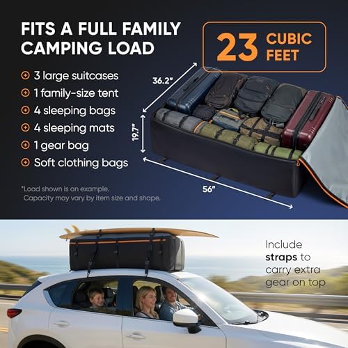 23 Cubic Feet Roof Bag – Safety Tested Heavy-Duty Waterproof Rooftop Cargo Carrier for All Cars & SUVs (with or Without Rack) – Includes Protective Mat & Storage Bag – Military-Grade 840D PVC