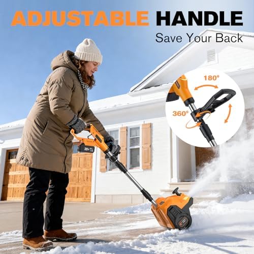 20V Brushless Cordless Snow Shovel 12-Inch, 2*4Ah Battery Powered Snow Blower 20FT Throw 6" Cleaning Depth, Electric Snow Removal Machine with Adjustable Directional Plate 90°&Handle for Patio