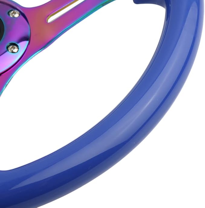 6 Bolts Car Racing Steering Whee 13.5" Universal Car and Simulation Pc Game Classic Sport Blue Steering Wheel with Neo Chrome Spoke and Horn Button