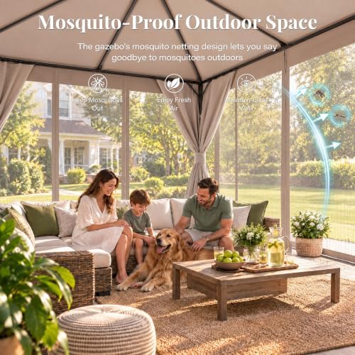 LAUSAINT HOME 10x10 Gazebo Canopy with Netting, Curtains & Double Roof