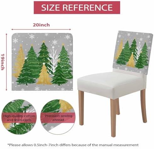Christmas Tree Chair Back Covers Set of 6 Winter Snowflakes Stars Green Gold Tree Grey Bottom Washable Removable Chair Cover Slipcover Protector for Dining Room Hotel Party Holiday Decor