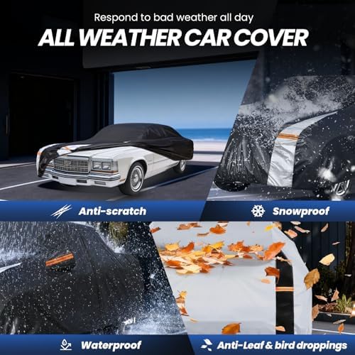 Multi-Layer Car Cover Custom Fit for Cadillac DeVille(1994-1999), 100% Waterproof All Weather for Automobiles, Gift with Towel, Heavy Duty Car Covers for Rain Sun UV Protection with Door Zipper.