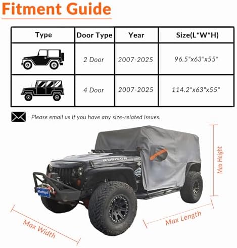 Waterproof Cab Cover for Jeep Wrangler JK JL 4 Door