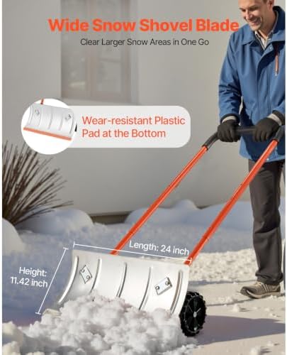 Snow Pusher Shovel with Wheels, 24-Inch Metal Plow for Driveways