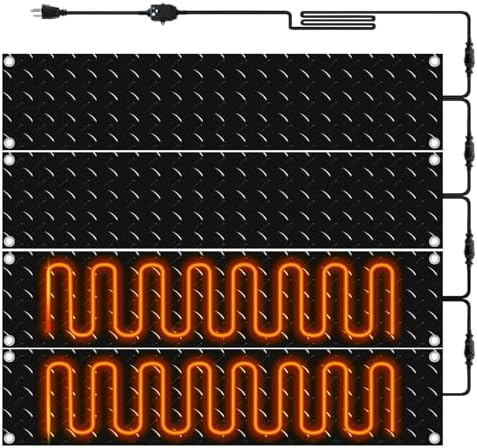 Riakrum 4 Pcs Heated Snow Melting Mats Outdoor, 10 x 30 in Winter Anti-Slip Heated Rubber Mat for Walkways Decks and Sidewalks, Electric Snow and Ice Melting Pads Connection with 9.84 ft Power Cord