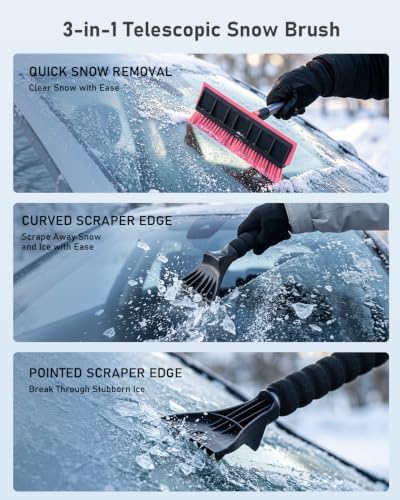 helloleiboo 55.7" Snow Brush and Ice Scrapers for Car Windshield, Pink