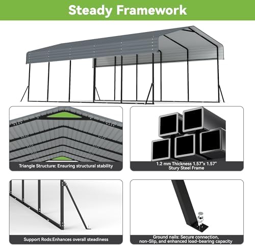Real Relax 13x26 FT Heavy Duty Metal Carport, Gray