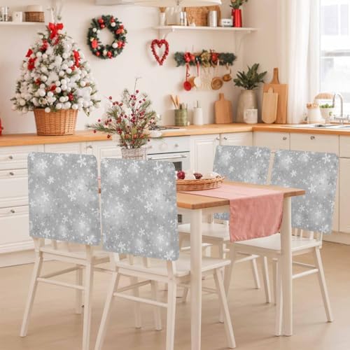 Grey Christmas Snowflake Chair Back Covers Set of 6 Winter Shinny White Stars Retro Washable Removable Chair Cover Slipcover Protector for Dining Room Hotel Party Holiday Decor
