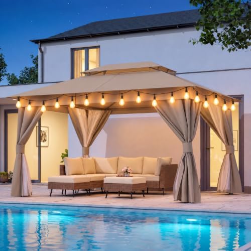 LAUSAINT HOME 10x12 Gazebo with Lights, Netting, Curtains & Double Roof