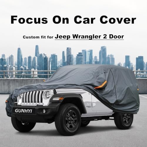GUNHYI Premium Car Cover Custom Fit Jeep Wrangler 2 Door CJ YJ JK JL(1987-2026), 16 Layers Heavy Duty Car Cover Waterproof All Weather with Zipper Door for Sun Rain Snow Dust Uv Protection