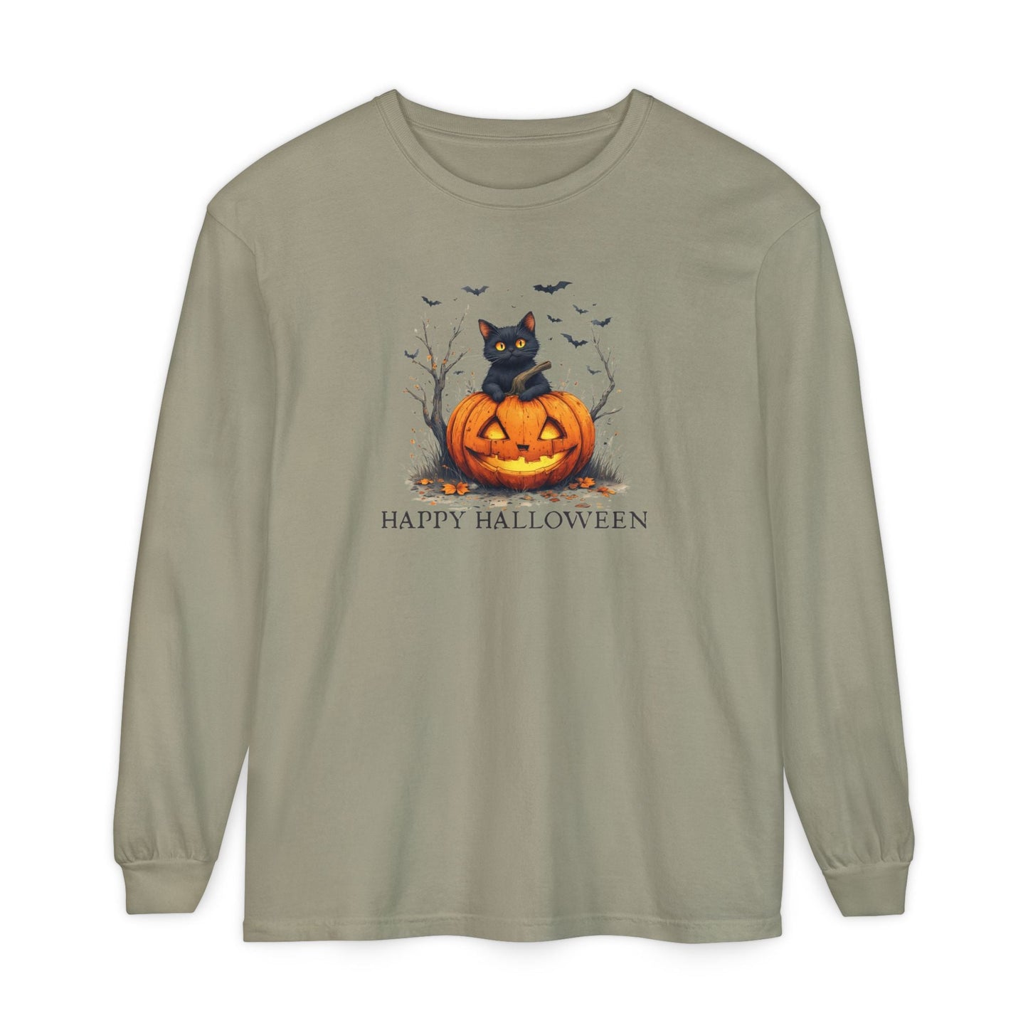 Happy Halloween Cat Long Sleeve Tee for Festive Cat Lovers