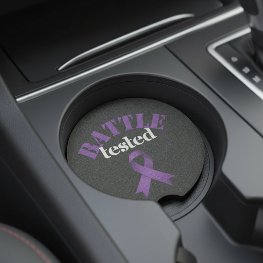 Battle Tested Epilepsy Awareness Soapstone Car Coaster – Purple Ribbon (Set of 1 or 2)