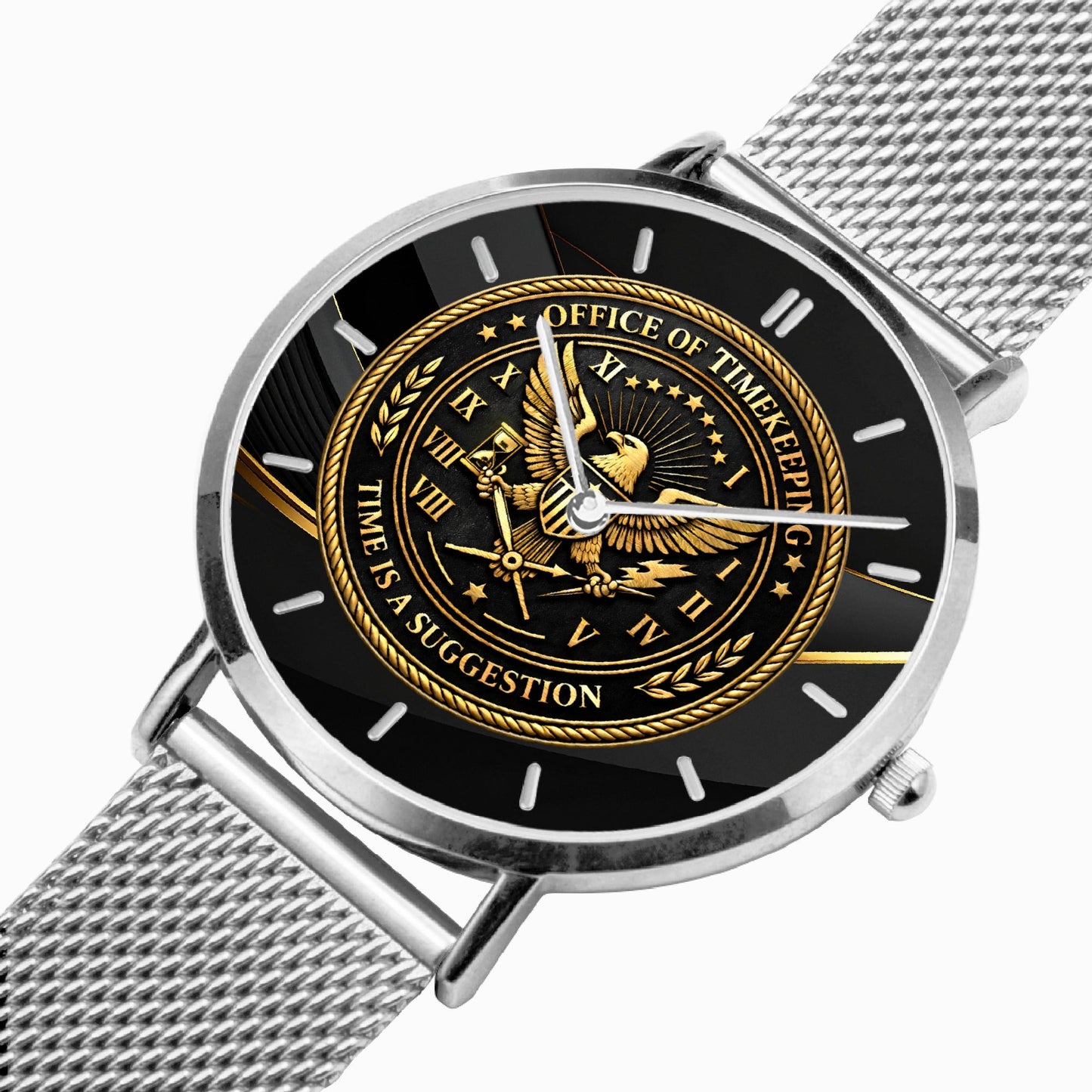 Office of Timekeeping Leather Strap Watch – “Time Is A Suggestion” Emblem – Unisex Gold & Black Dial