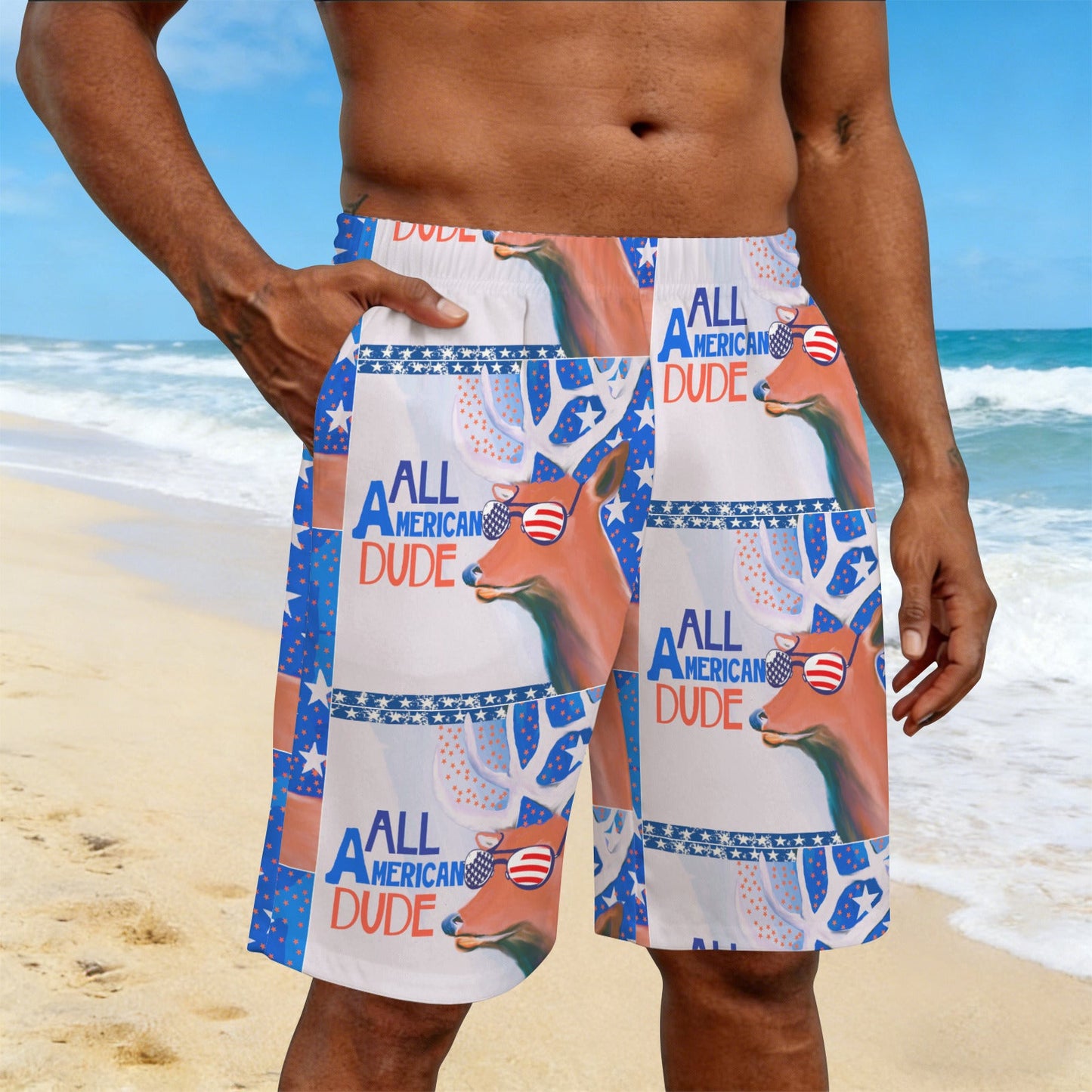 All American Dude with Deer Men's All Over Print Swim Shorts | Ships from USA