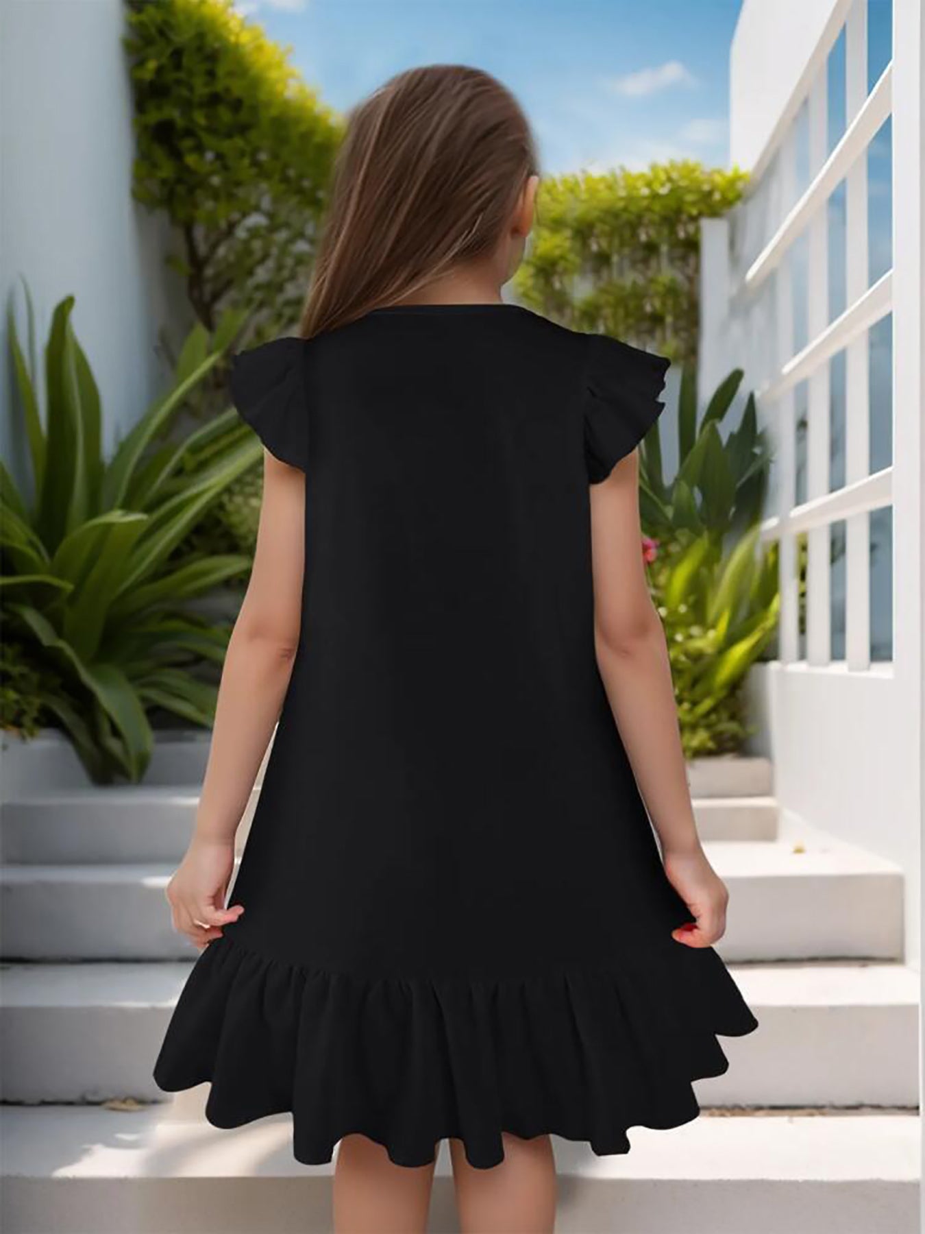 Baby Unicorn with Pink Roses Flutter Sleeve Dress for Girls (Front Printing)