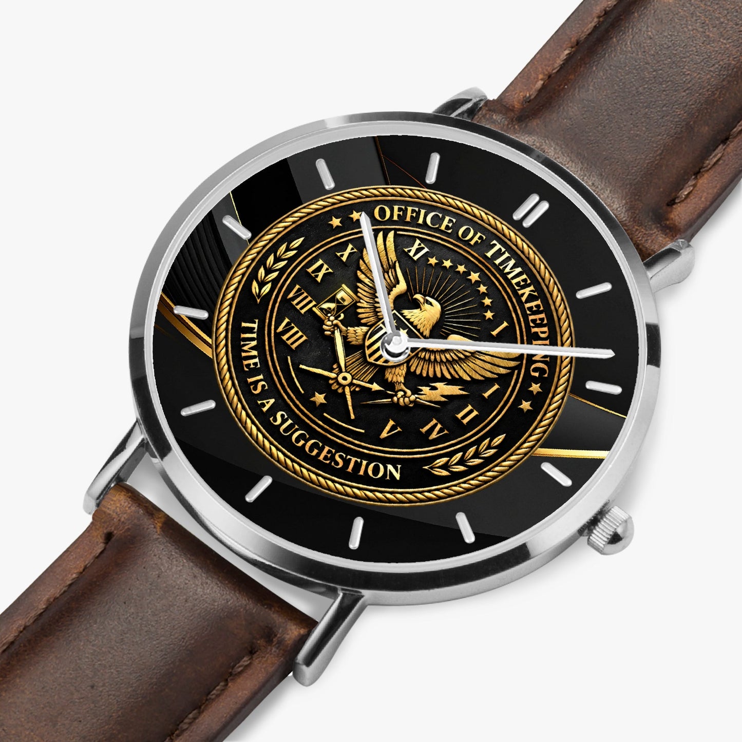 Office of Timekeeping Leather Strap Watch – “Time Is A Suggestion” Emblem – Unisex Gold & Black Dial