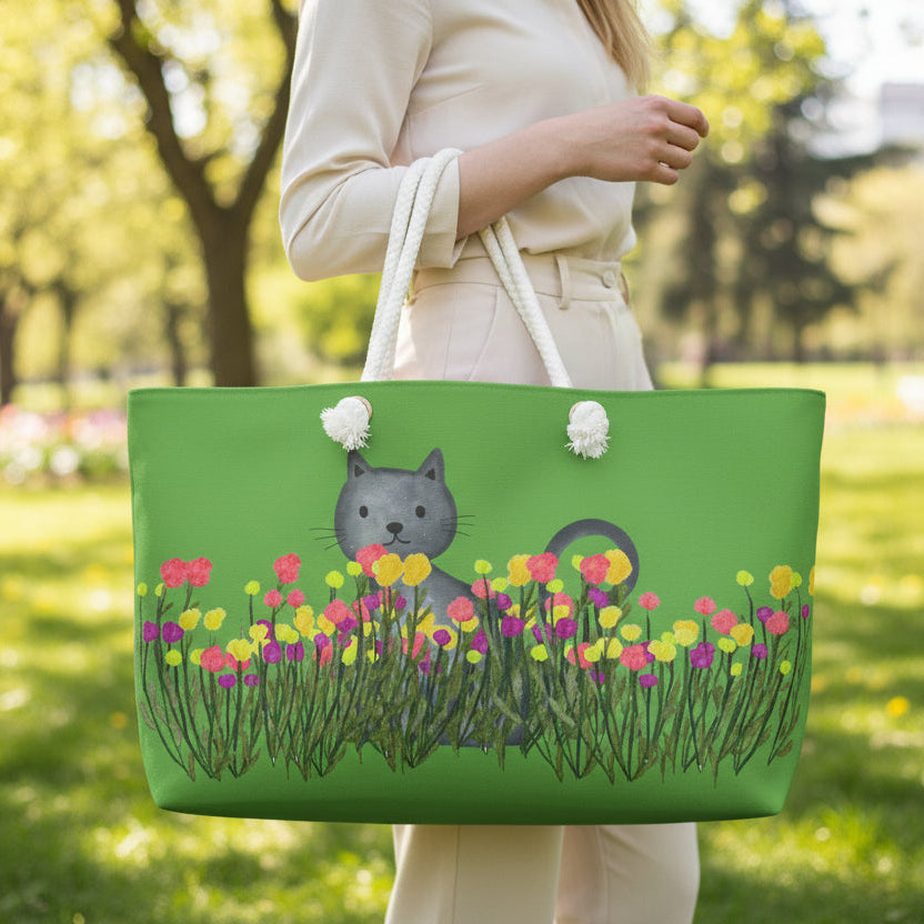 Cat in the Wildflowers Weekender Bag – Whimsical Floral Travel Tote
