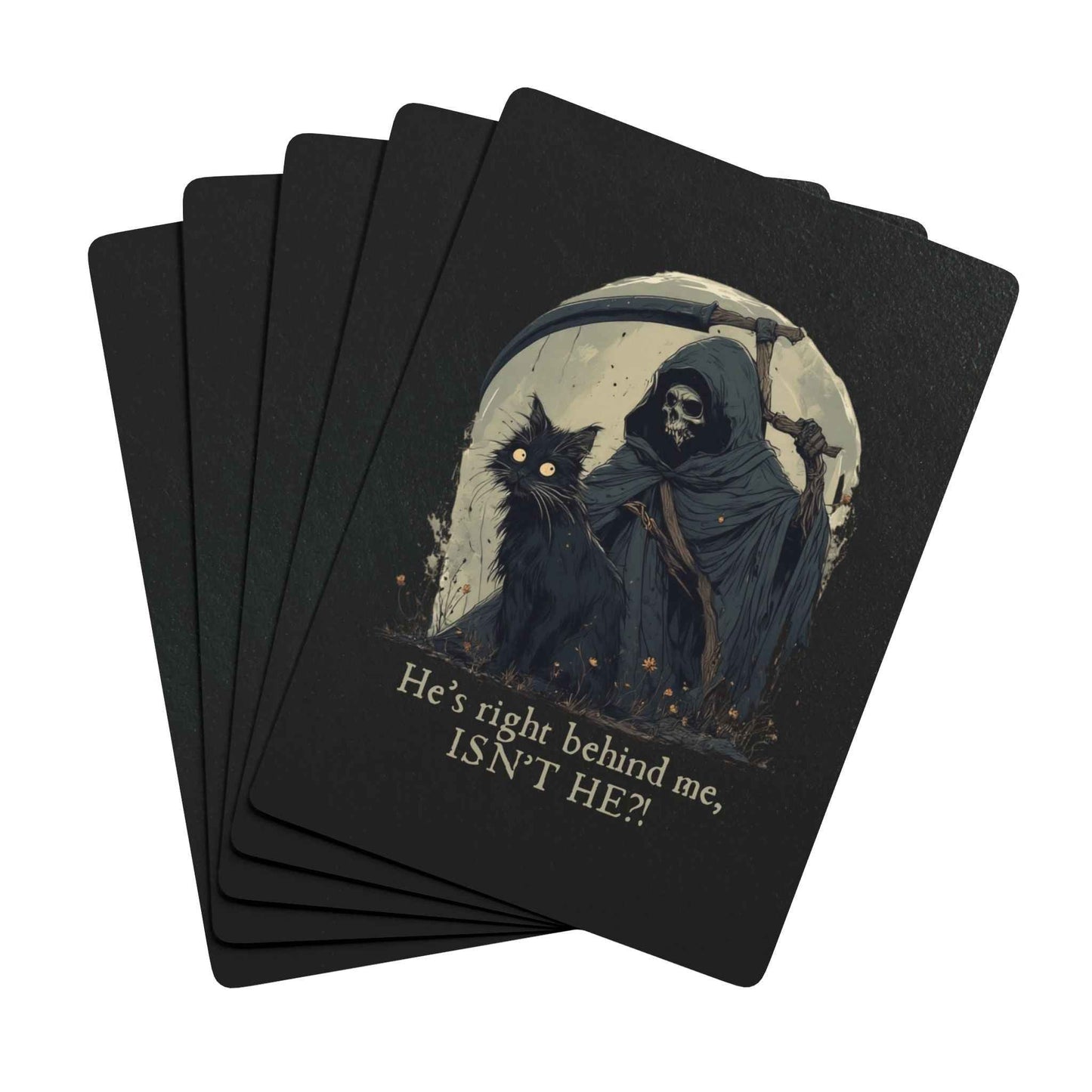 “He’s Right Behind Me, Isn’t He?” Black Cat Poker Playing Cards – Whimsical Dark Art Deck