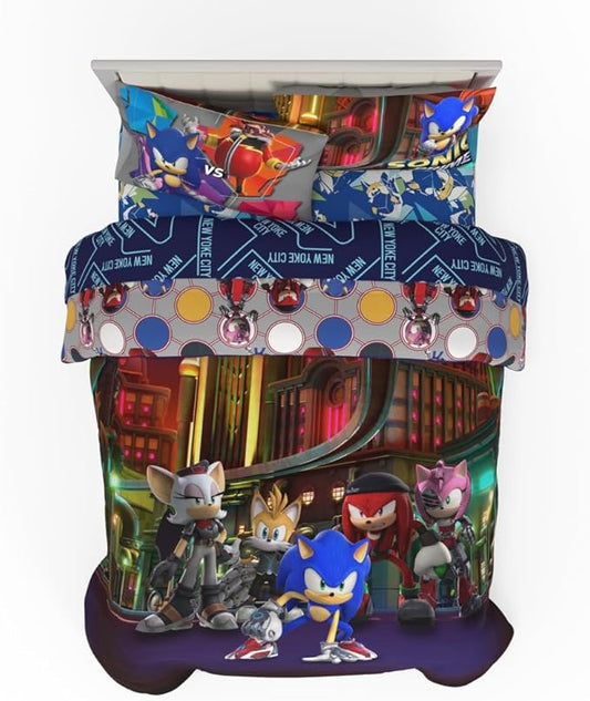 Sonic The Hedgehog Prime Anime Kids Bedding Super Soft Comforter and Sheet Set, 5 Piece Full Size, (Officially Licensed Product) by Franco