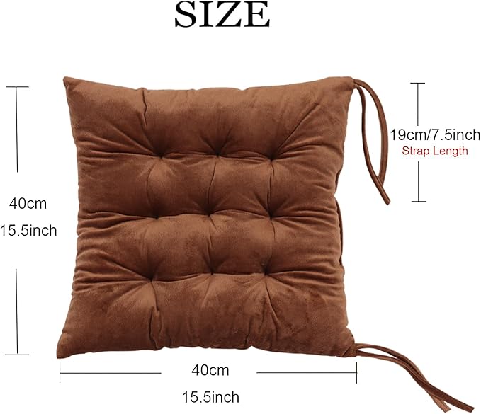 2 Pack Square Seat Cushion Chair Pads for Kitchen Dining Chairs, Soft Comfort Velvet Chair Mat Pillow Cushions with Ties for Office Desk Living Room Tatami 15.5", Coffee