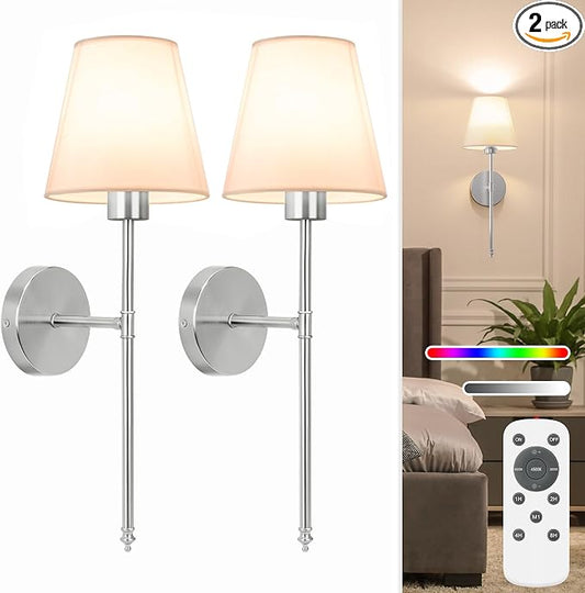 NIORSUN 19.9 inch Battery Operated Wall Sconce Set of 2,Brushed Nickel Rechargeable Wall Lights with 10400mAh Dimmable Detachable Bulbs and Remote,10 Colors Wireless Sconces for Bedroom Living Room