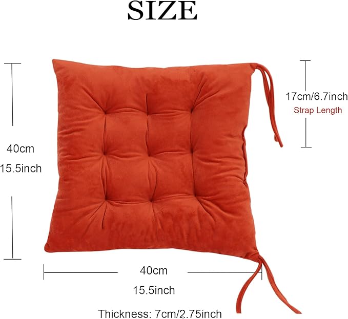 Set of 4 Square Chair Pads Indoor Seat Cushions Pillows with Ties Soft Comfortable Non Slip Chair Mat for Kitchen Dining Office Desk Living Room Outdoor Tatami 15.5" - Orange