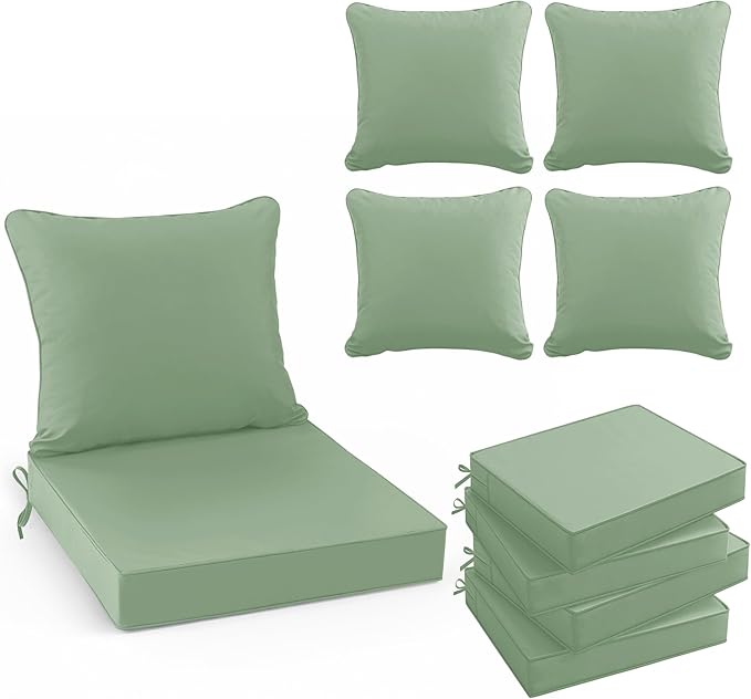 Summsun Waterproof Outdoor Patio Cushions with Removable Cover, Fade Resistant Back Pillow and Seat Cushion Set for Yard Porch Garden, 19 x 19 Inch, Sage Green, Set of 4