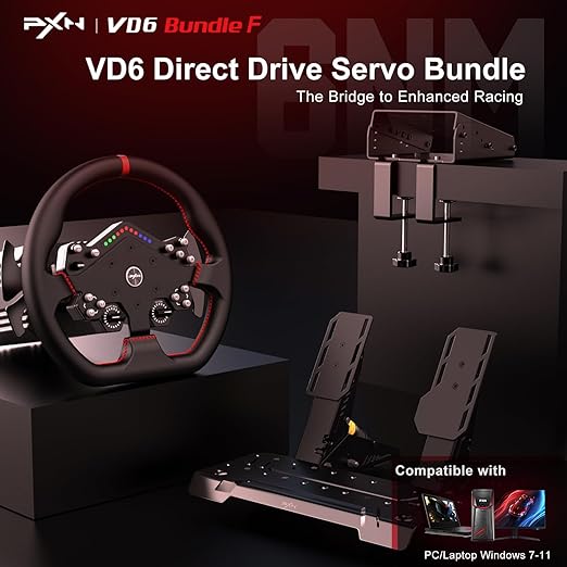 PXN VD6 Direct Drive Bundle - PC Steering Wheel and Pedals – 6 Nm Direct Drive Servo Motor Base, W DS R2 Racing Wheel, Hall Effect 2-Pedal, and Table Clamp – Professional Sim Racing Setup for Windows PC (7–11)
