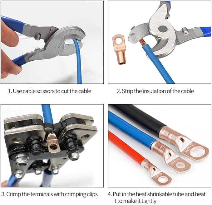 Battery Cable Wire Lug Crimping Tool Kit with 340pcs Copper Wire Lugs, Wire Crimping Tool for AWG 10-1/0 Electrical Lug Crimper, with Cable Cutter, 420pcs Dual Wall Adhesive Heat Shrink Tubing
