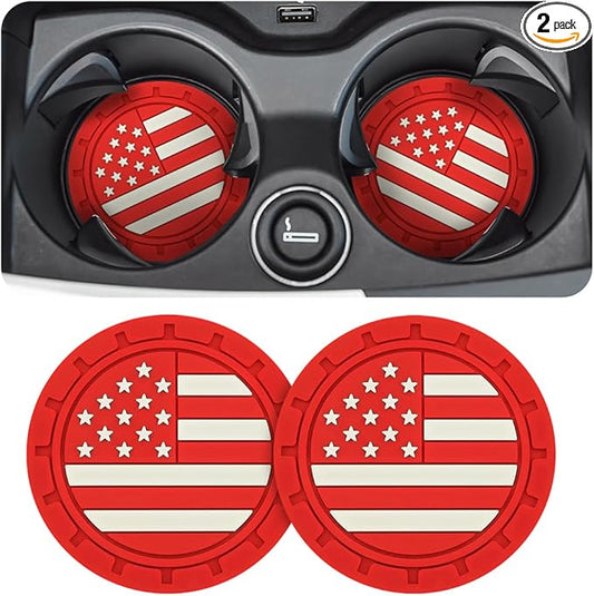 AUCELI 2 Pack Car Cup Holder Coasters, Colored American Flag US Flag Insert Car Cup Coaster, 2.75 Inch Anti Slip Shockproof Embedded Drink Mat, Vehicle Interior Decor Accessories