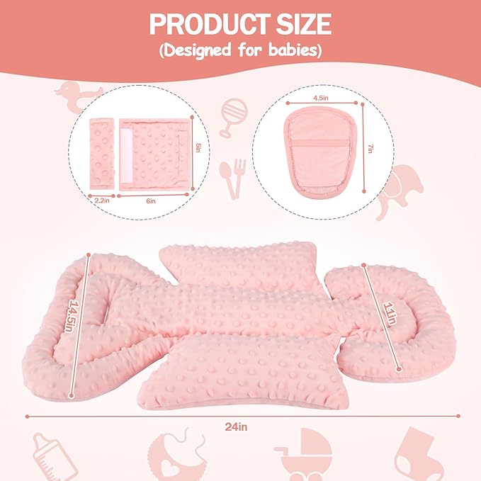Infant Car Seat Insert Boy Girl, 3 in 1 Newborn Carseat Insert with Strap Pads, Car Seat Head Support for Baby Strollers, Swings, and Bouncers, Comfortable and Machine Washable, Orange Pink