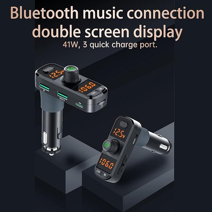 Bluetooth 5.0 Car Change Radio Receiver with 2 Stronger Microphones, 41W PD QC 3.0 USB Car Charger, Aux in/Out Wireless Audio Music Adapter, with Hands Free Calls and Voice Assistant