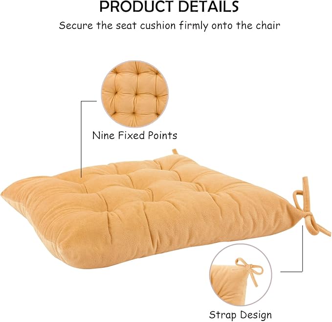 Set of 2 Chair Cushions for Dining Chairs with Ties, Indoor Non-Slip Kitchen Chair Pad and Dining Room Seat Cushion Mat for Office Living Room Outdoor 15.5" - Turmeric Yellow