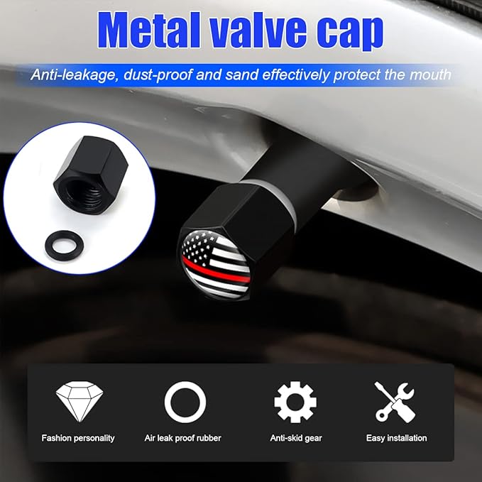 4PCS American Flag Tire Valve Stem Caps for Car, Auto Anti-Rust Airtight Rubber Valve Stem Covers, Leakproof Wheel and Tire Exterior Accessories Universal for Car, Bikes,Vehicles (Black/Red)