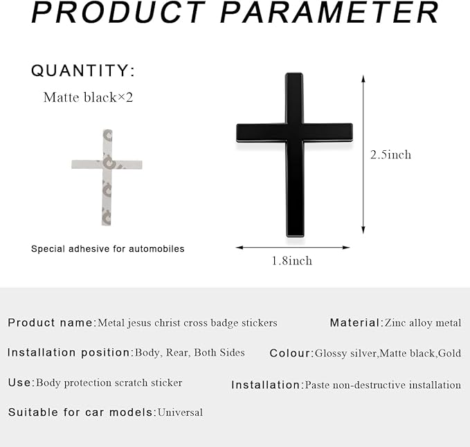 DXNQ 2PCS Metal Jesus Christ Cross Badge Stickers, 2.5"×1.8" Alloy 3D Individual Car Cross Sticker, Self Adhesive Scratch Covering Metal Cross Auto Emblem Decal for Car Body Fender Tail (Black)
