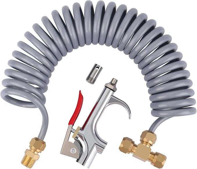 Heavy Duty Truck Air Seat Blow Gun Kit 1/4 Inch 11.5FT PA Nylon Coil Air Hose Brass Compression Fittings Connect Lever Air Duster Blow Gun Cleaning with 2 Nozzle Tips Gray