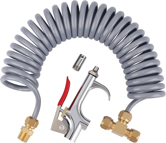 Heavy Duty Truck Air Seat Blow Gun Kit 1/4 Inch 11.5FT PA Nylon Coil Air Hose Brass Compression Fittings Connect Lever Air Duster Blow Gun Cleaning with 2 Nozzle Tips Gray